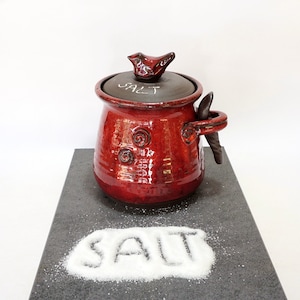 Coarse salt cellar, Handmade pottery salt container, Red Coarse salt storage, Wheel thrown pottery, Red Salt holder, Ceramic Salt storage