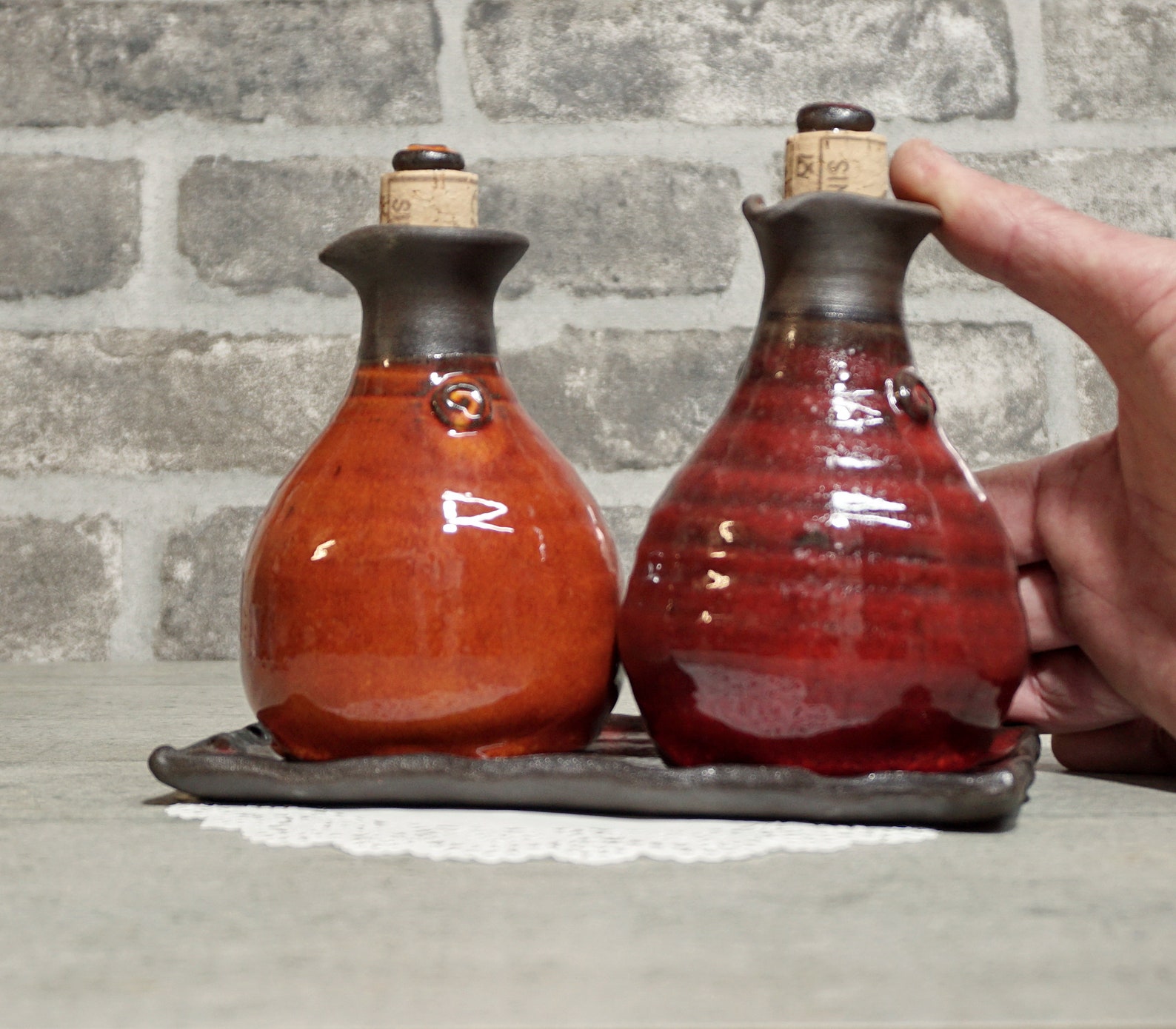 Oil and vinegar set on a tray Ceramic oil bottle Set of two Etsy