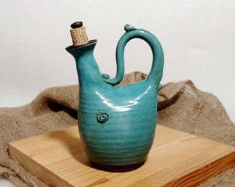 Blue Glaze Ceramic Oil Bottle: Wheel-Thrown Olive Oil Container
