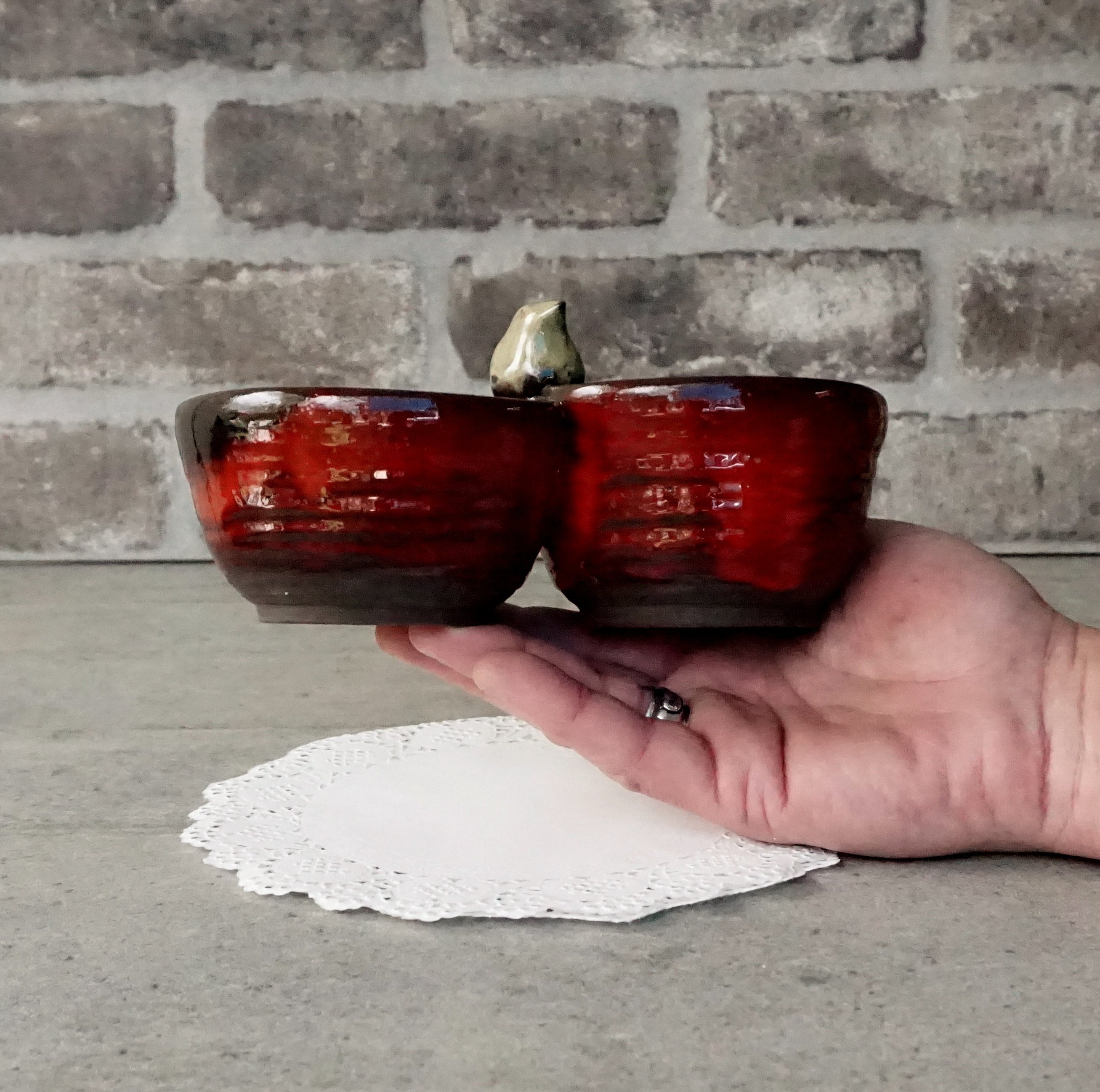 Red Ceramic Salsa Bowl Set: Double Condiment Server With Bird - Etsy
