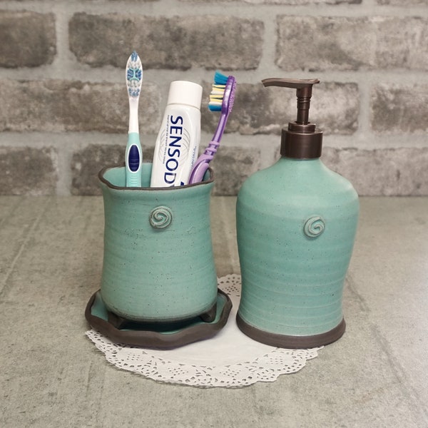 Bathroom set, Hand soap dispenser & toothbrush holder, Blue MATT ceramic, Rustic pottery, Bathroom decor, Handmade pottery, Israeli ceramics