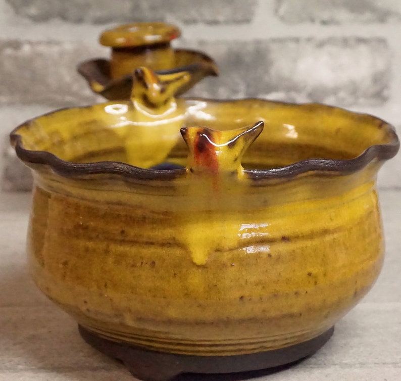 May include: A yellow ceramic planter with a wavy rim and a small bird figurine on the side. The planter has a dark brown glaze and a textured surface.