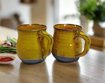 Handmade Ceramic Coffee Mugs: Mustard Yellow Pottery, Set of Two