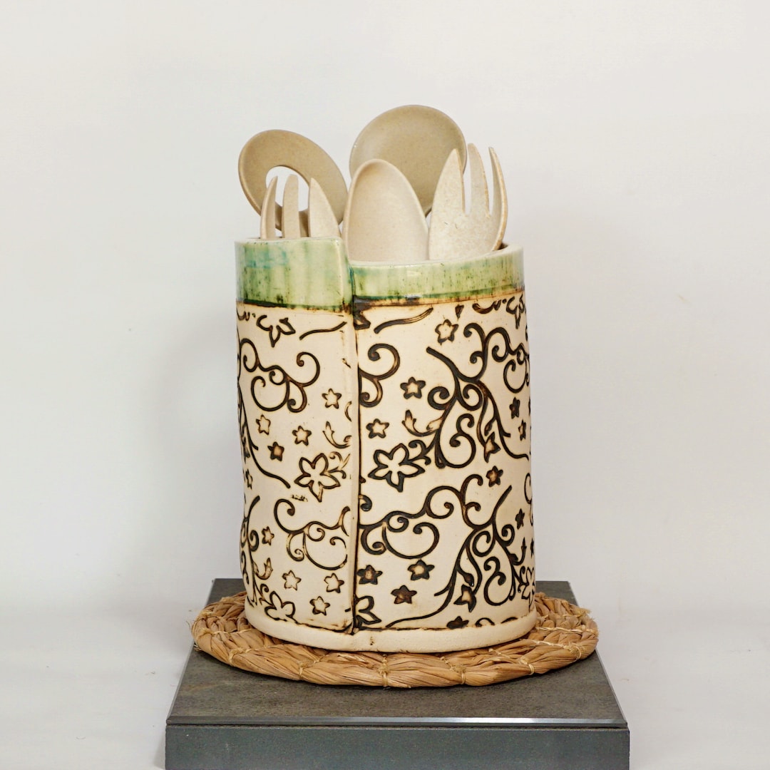 Big Utensil Holder, Ceramic Utensil Crock, Kitchen Storage Jar, Large