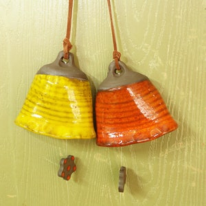 Two Ceramic wall bell, Handmade flat back wall bells, Pottery wall hanging bells, Yellow wall bell, Orange wall bell, Wheel thrown bell