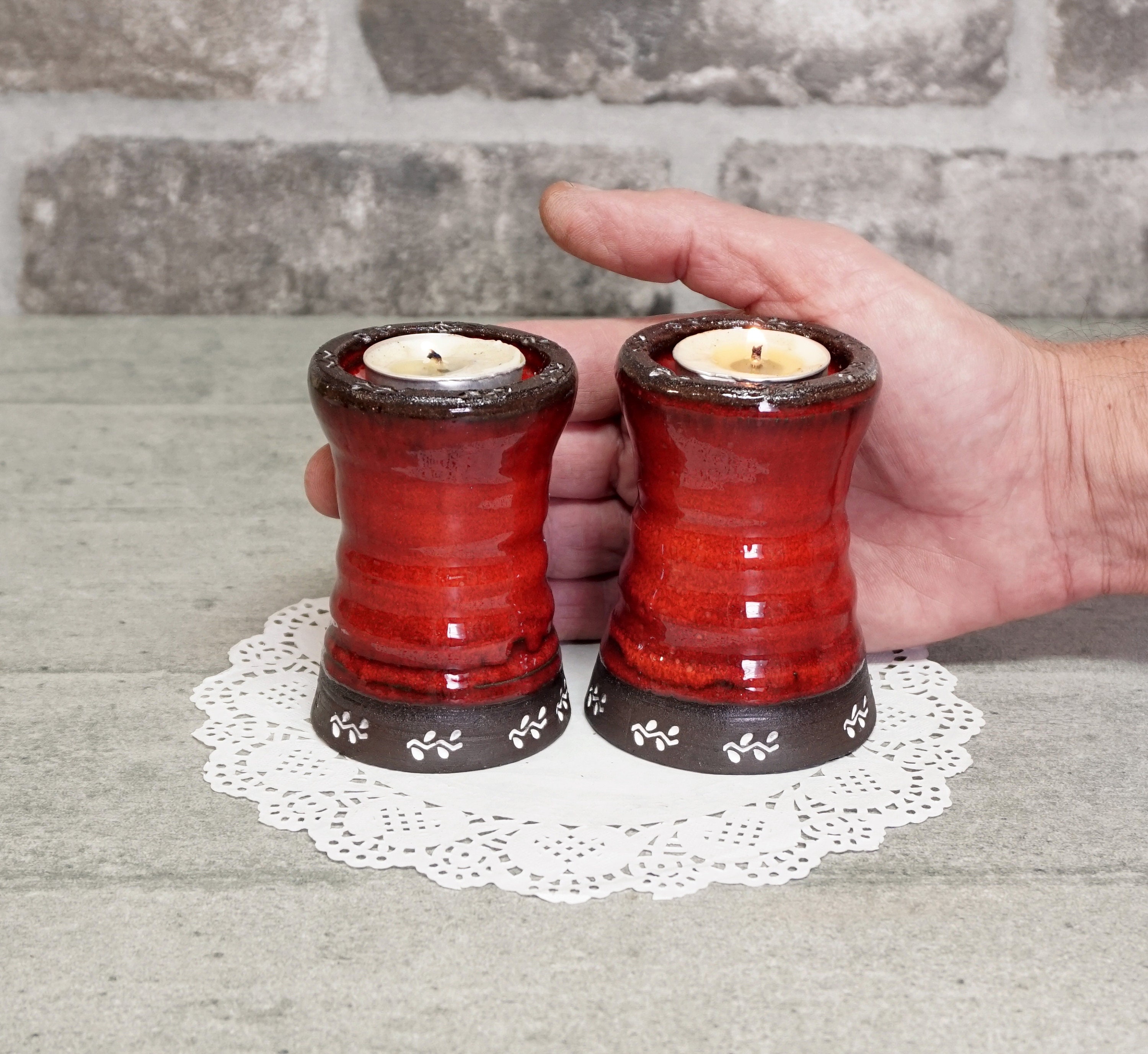 Set of 2 Candle Holder Red Glaze Ceramic Candle Set Tea Etsy