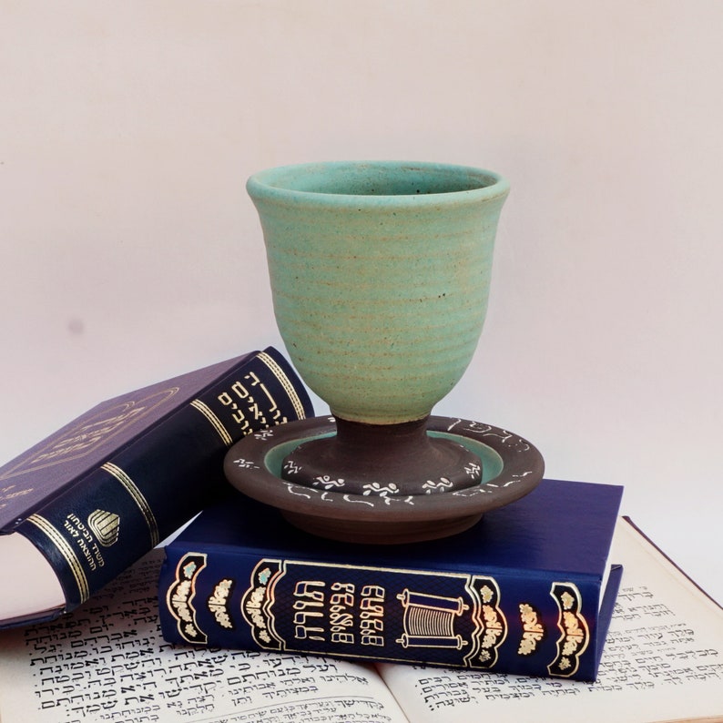 Ceramic kiddish cup, Kiddish goblet, Wine goblet, Judaical Jewish wedding gift, Pottery wine cup, MATTE blue ,Housewarming gift, sabbath image 4