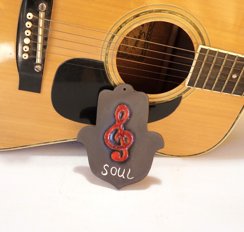 Good luck symbol Housewarming gift black ceramic Ceramic hand of Fatima Music art Jewish decor, Hamsa wall art decor