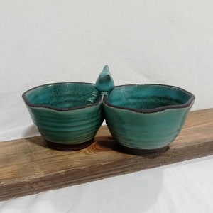 Ceramic salsa dip, Turquoise double bowl, Pottery bird bowls, Two connected server sauce bowls, Blue pottery dinnerware, Kitchenware, Gift