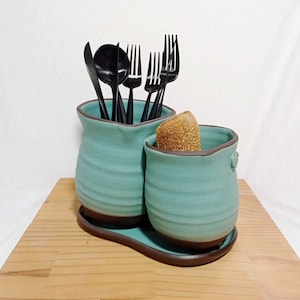 Double cutlery holder, Ceramic silverware container, Kitchen cutlery organizer,  Cutlery caddy,  Pottery Utensil carrier, cutlery drainer