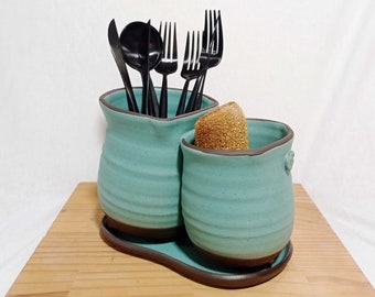 Ceramic Double Cutlery Holder: Matte Blue Green Pottery Organizer