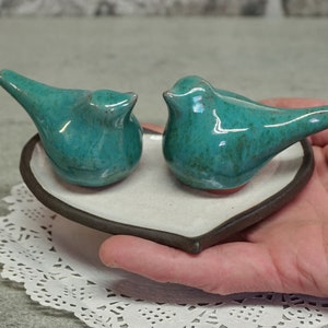 Two sculpted ceramic birds on a tray, Blue birds, Pottery bird, Ceramic bird for collectors, Small ceramic birds, Unique art, Israeli Gift