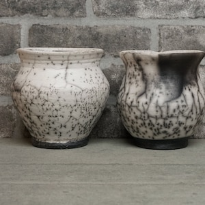 Two Naked Raku Pottery Vases, Raku Pottery, White, Black, Wheel Thrown ceramic, Set of two, Smoke Fired, Unique art , Naked raku jar, art