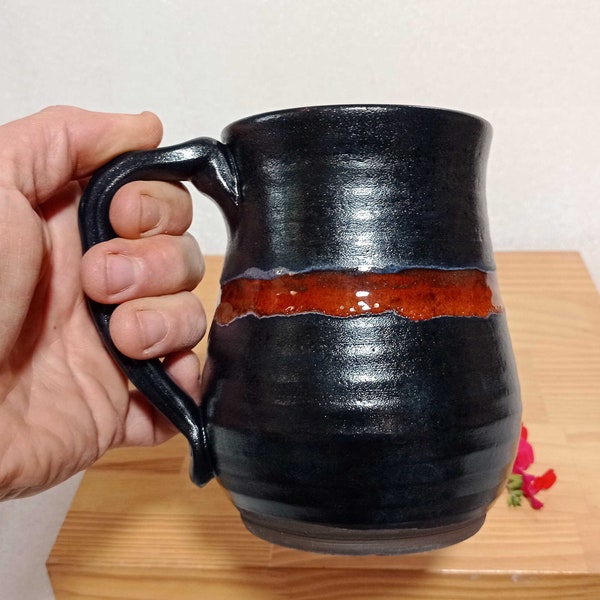 BIG Handmade mug, 24.6 Oz Pottery coffee mug, 700 ml Ceramic cup, Black pottery mug, Tea ceramic mug, Gift idea, Israeli art, unique