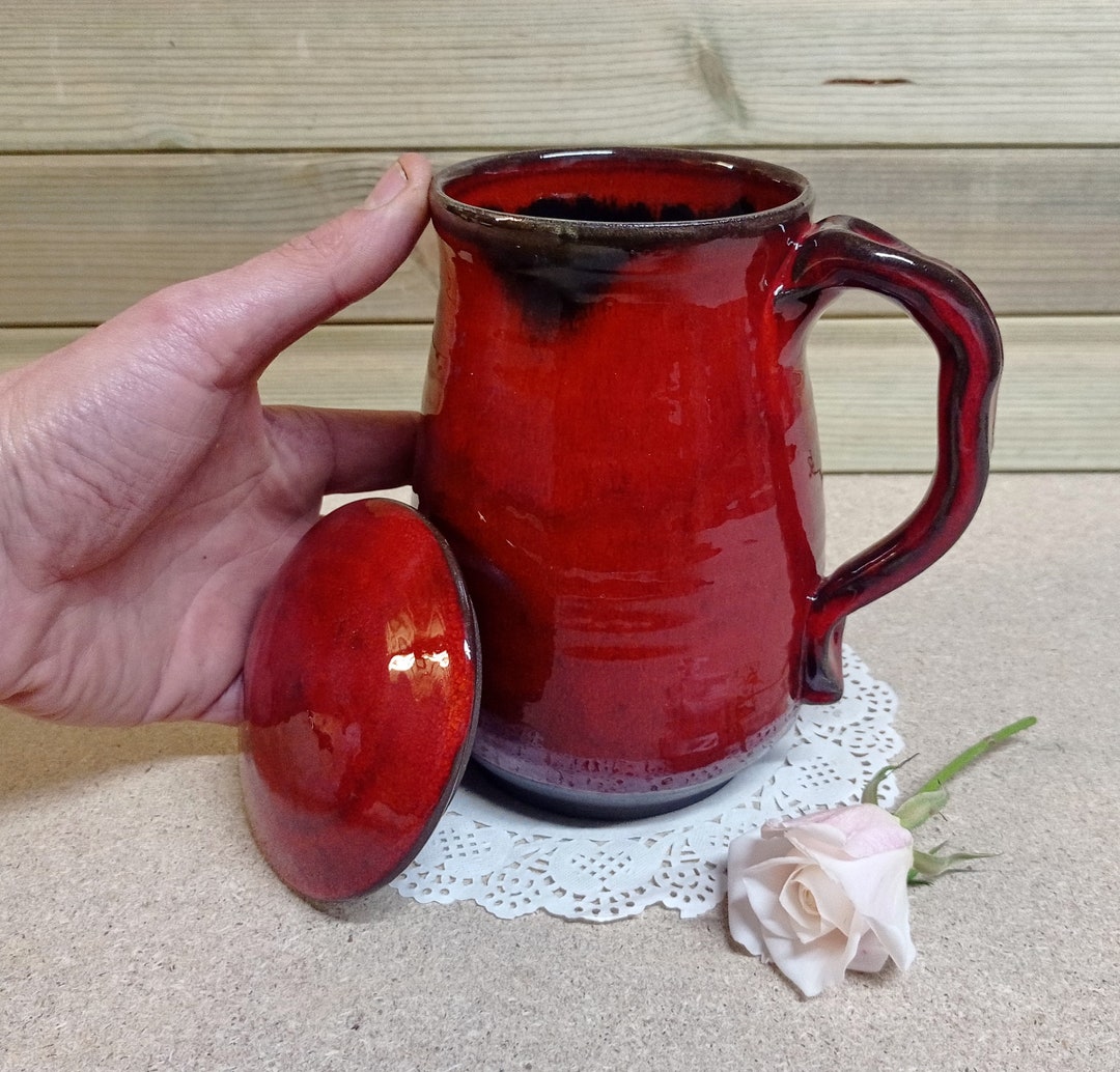 Pottery Mug With Lid, 29 Oz Tea Mug With Lid, Huge Coffee Cup, Red Tea Cup, Big Mug, Ceramic