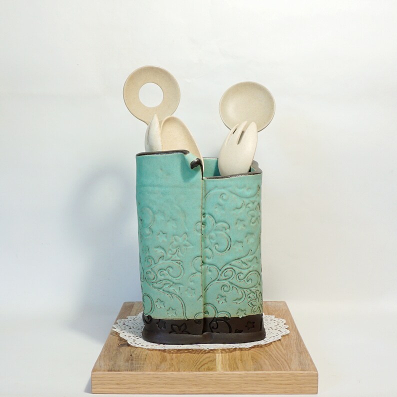 Matte Blue Utensil Holder Ceramic Utensil Crock Square Shape Etsy