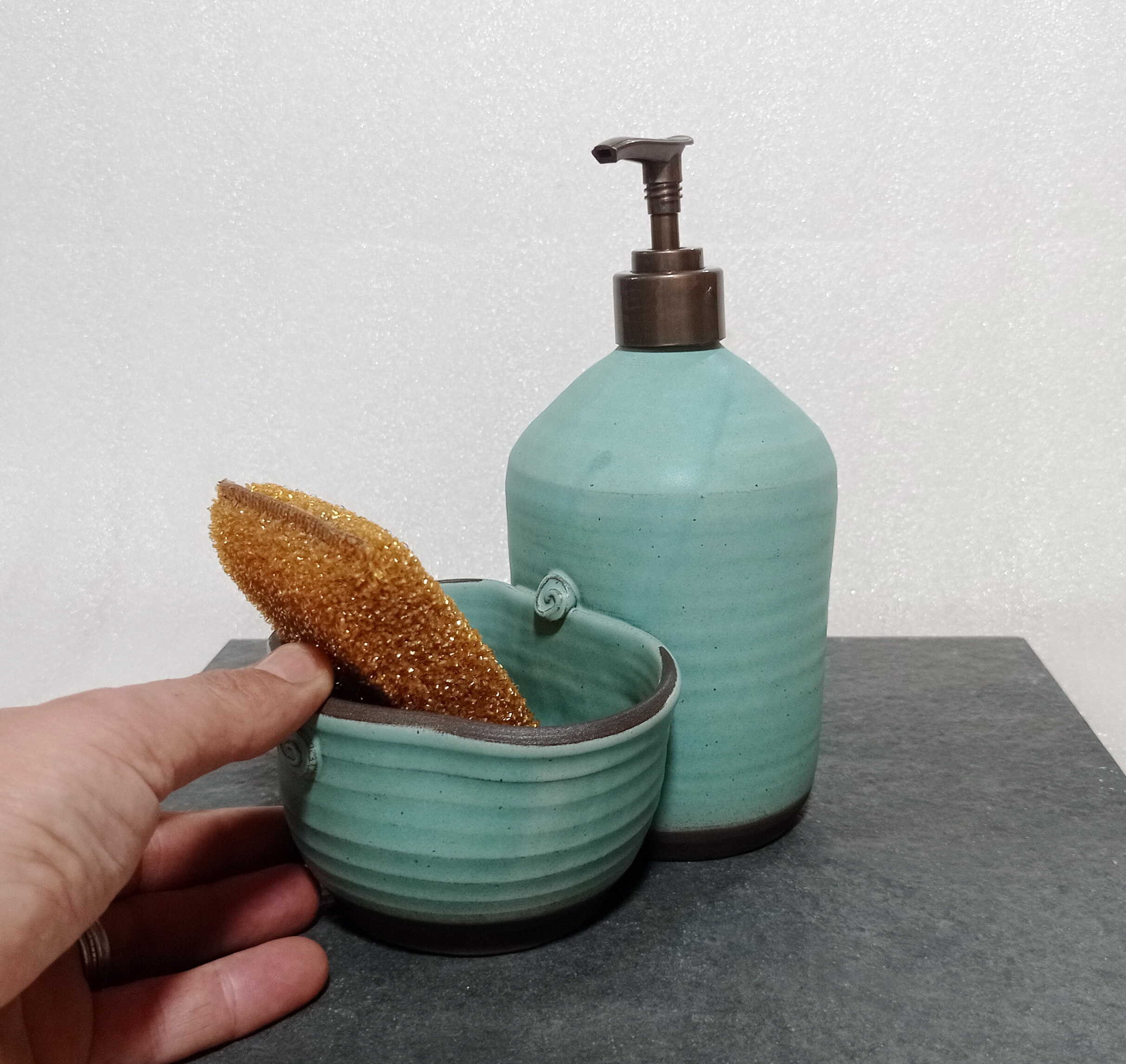 Handmade Ceramic Kitchen Sink Caddy With Glass Bottle Soap and