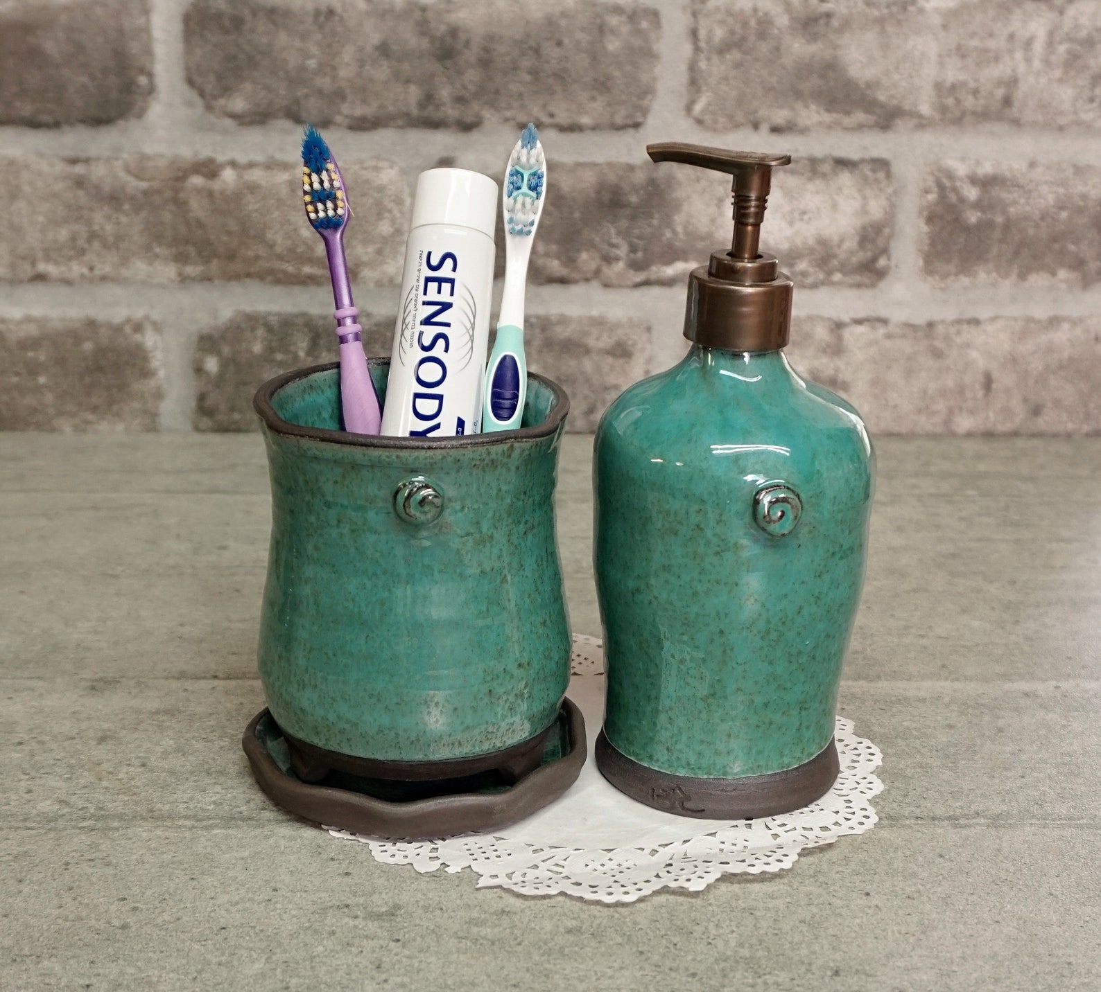 Bathroom Set Hand Soap Dispenser & Toothbrush Holder Blue Etsy