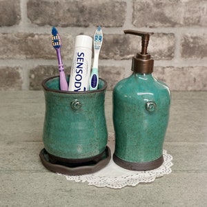 Bathroom set, Hand soap dispenser & toothbrush holder, Blue ceramic set, Rustic pottery, Bathroom decor, Handmade pottery, Israeli ceramics