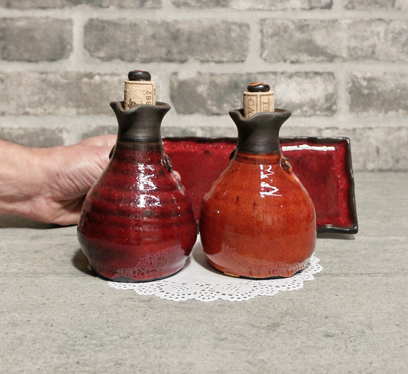 Oil and vinegar set on a tray Ceramic oil bottle Set of two Etsy