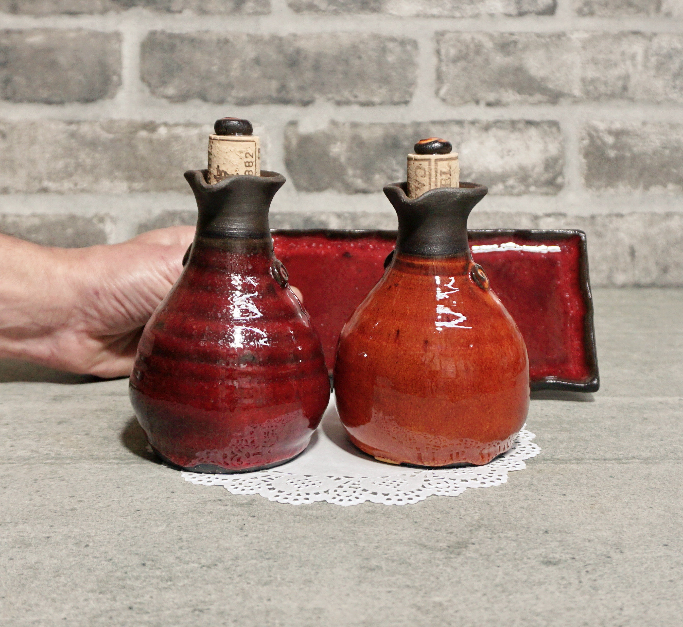Oil and vinegar set on a tray Ceramic oil bottle Set of two Etsy