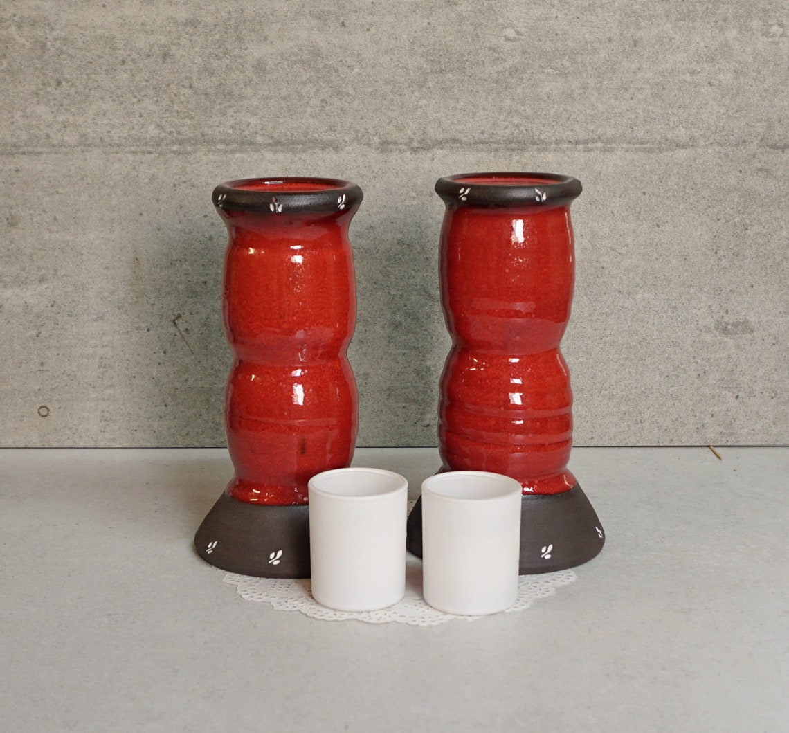 Set of 2 Candle Holder Tall Candlesticks Red Ceramic Candle Etsy
