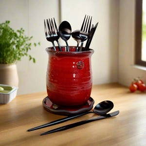 Red Cutlery holder, Ceramic silverware container, Kitchen cutlery organizer, Cutlery caddy,  Pottery Utensil carrier, cutlery drainer