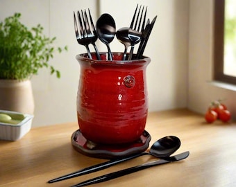 赤いカトラリーホルダー、セラミック製銀食器容器、キッチンカトラリーオーガナイザー、カトラリーキャディ、陶器製食器キャリア、カトラリー水切り