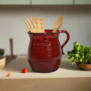Red Big Utensil Holder, Ceramic Utensil Crock, Large Kitchen Organizer, Handmade Israeli pottery, 7 inches high