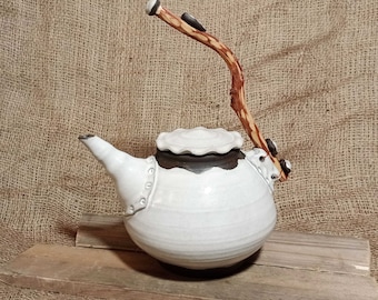 Big teapot, wheel thrown, Natural Wood handle, Cream 60 Oz teapot, Unique teapot, kitchenware, black clay, One of a kind, Moms gift