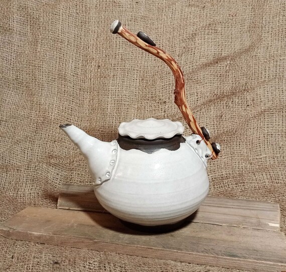 Big Teapot, Wheel Thrown, Natural Wood Handle, Cream 60 Oz Teapot