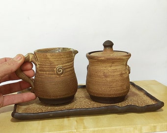Brown Glaze Pottery Sugar and Creamer Set with Tray