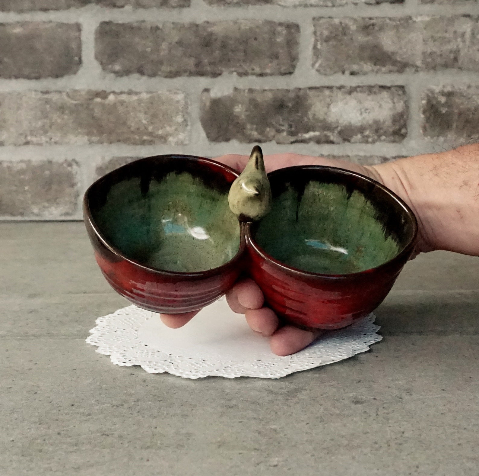 Red Ceramic Salsa Bowl Set: Double Condiment Server With Bird - Etsy