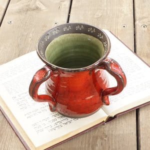 Handmade Ceramic Netilat Yadayim Cup: Red & Green Glaze
