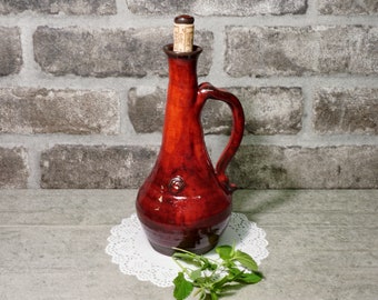 Red Glaze Ceramic Oil Bottle: Rustic Olive Oil Dispenser, Wheel Thrown Pottery