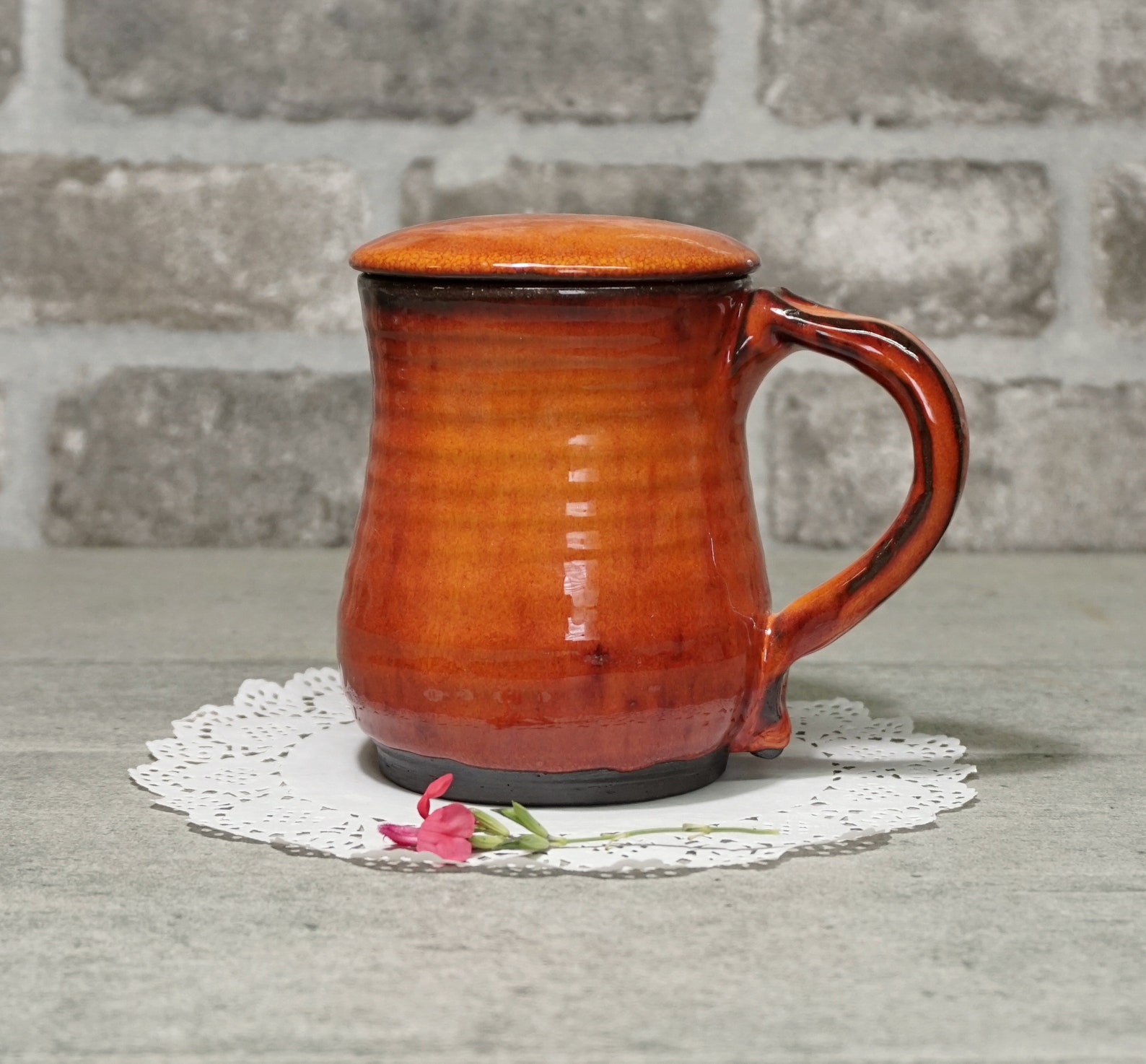Pottery mug with lid Tea mug with lid Big coffee cup Orange Etsy