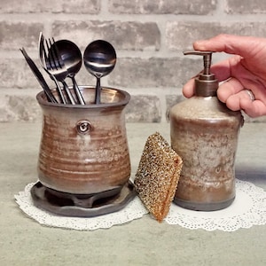 Gray Ceramic Cutlery Holder with Soap Dispenser: Rustic Kitchen Set