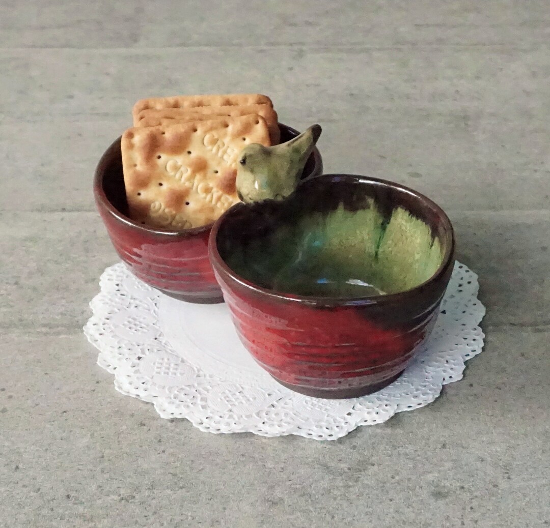 Red Pottery Dinnerware, Double Red Bowl, Pottery Bird Bowls, Two