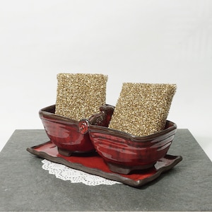 Pottery double  sponge holder, Ceramic sponge dish, Kitchen soap storage, For two sponges, Red pottery sponge storage, Ceramic handcraft art