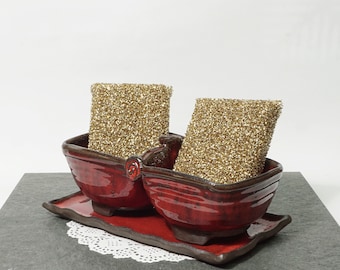 Hand Thrown Red Pottery Double Sponge Holder: Kitchen Soap Storage