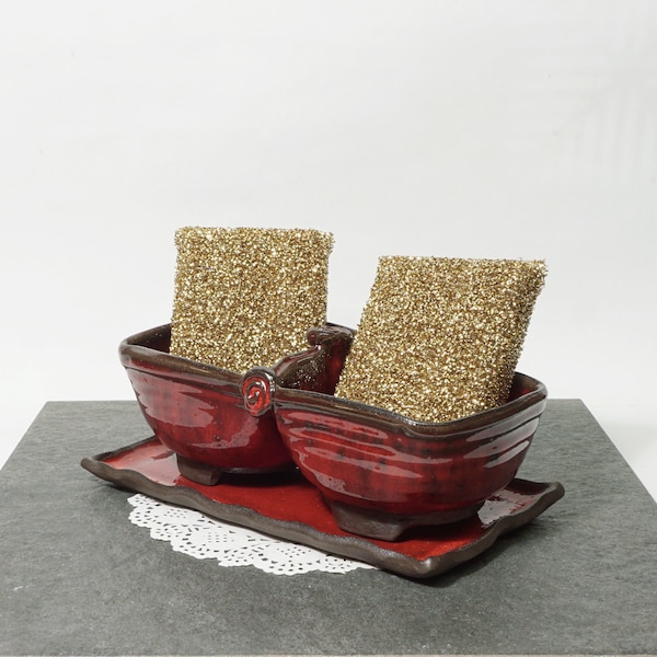 Support d’éponge double en poterie, Éponge en céramique, Stockage de savon de cuisine, Pour deux éponges, Stockage d’éponge en poterie rouge, Art artisanal en céramique