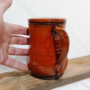 Pottery mug with lid, Tea mug with lid, Big coffee cup, Orange tea cup,  Big mug, Ceramic lidded mug, Unique lidded mug, Gift for mom