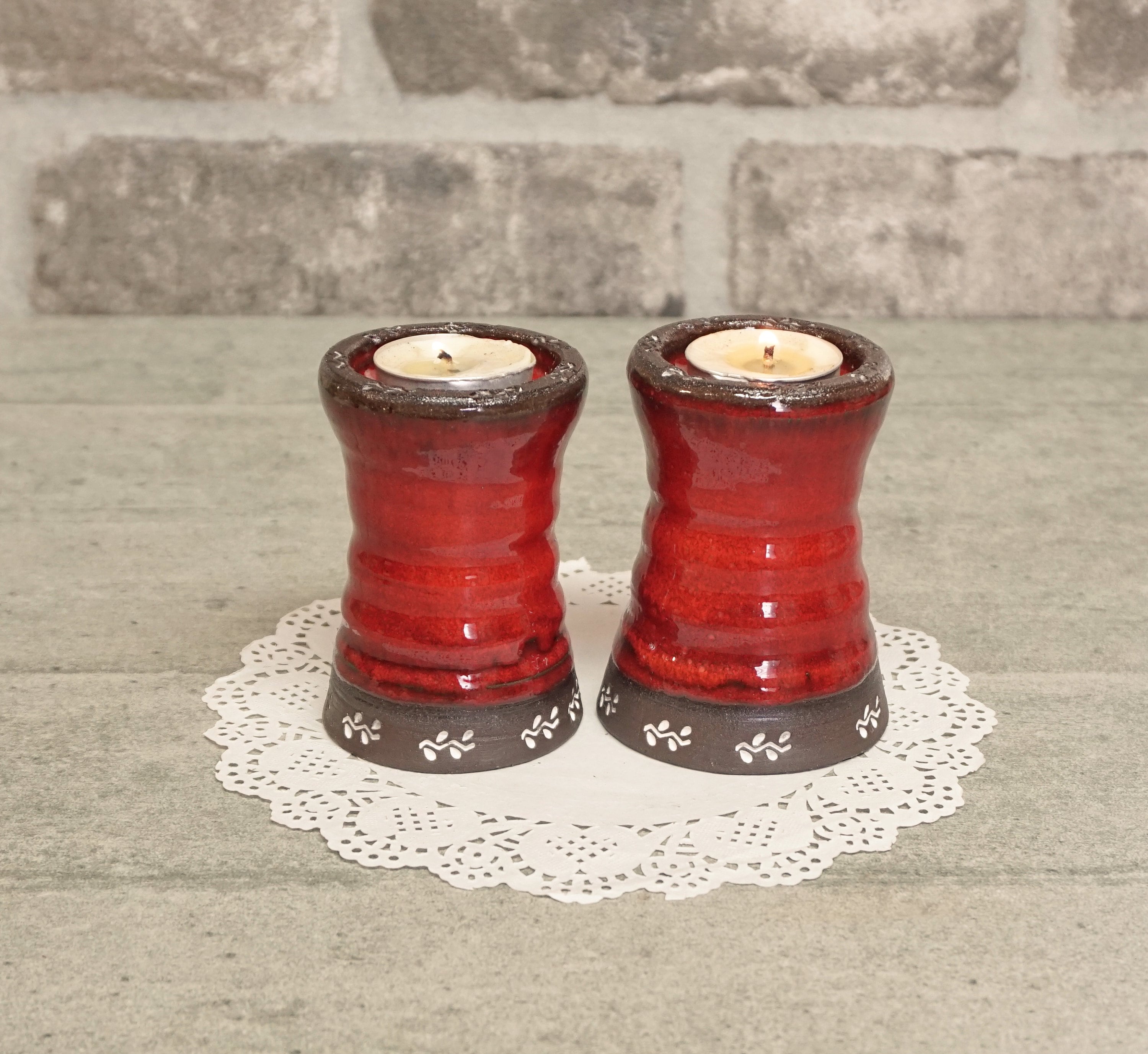 Set of 2 Candle Holder Red Glaze Ceramic Candle Set Tea Etsy