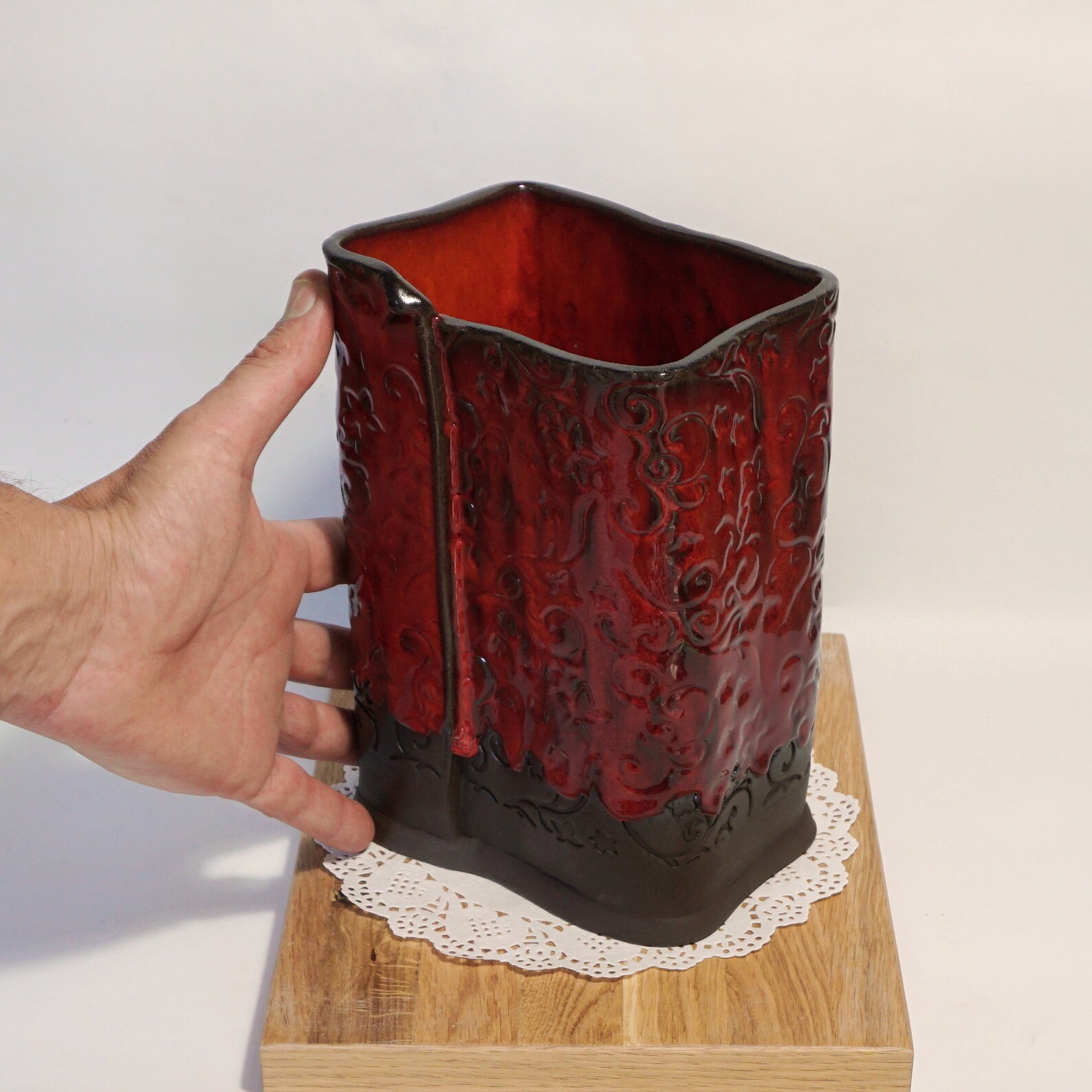 Red Utensil Holder Ceramic Utensil Crock Square Shape - Etsy