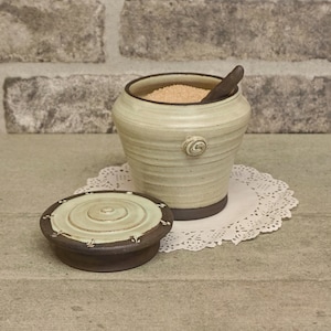 Hand Thrown Pottery Sugar Bowl: Cream Ceramic Lidded Container with Spoon