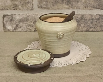 Hand Thrown Pottery Sugar Bowl: Cream Ceramic Lidded Container with Spoon