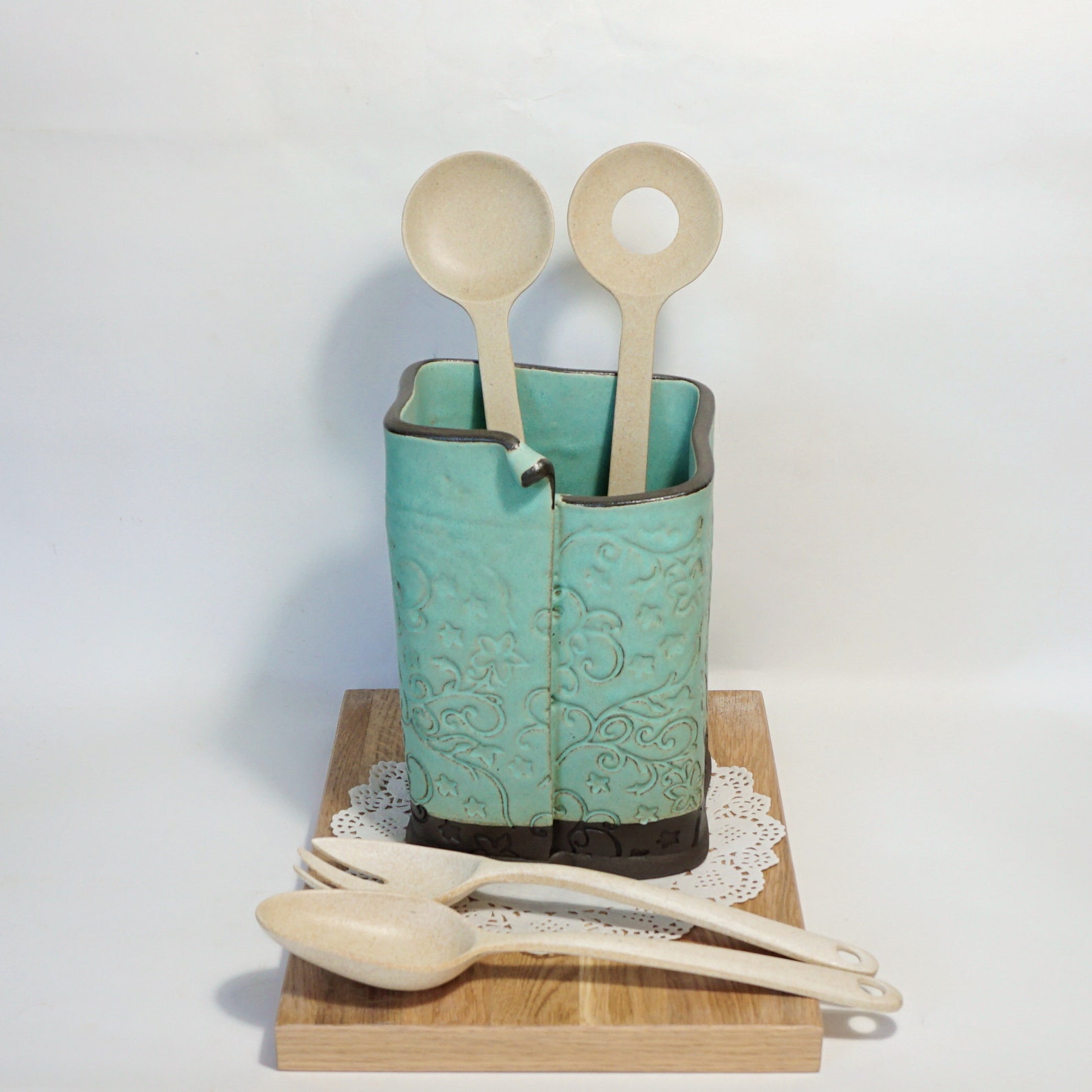 Matte Blue Utensil Holder Ceramic Utensil Crock Square Shape Etsy