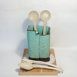 Matte blue Utensil Holder, Ceramic Utensil Crock, Square shape , Large Kitchen Organizer, Handmade Israeli pottery, 7 inches high
