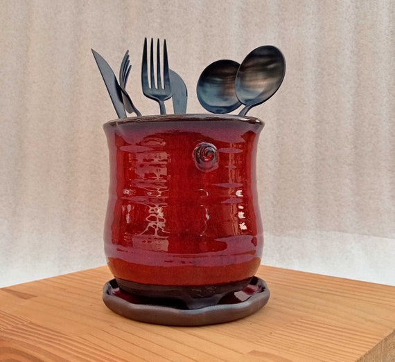 Red Cutlery Holder, Ceramic Silverware Container, Kitchen Cutlery