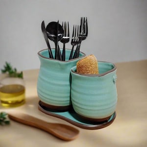 Double cutlery holder, Ceramic silverware container , Kitchen cutlery organizer,  Cutlery caddy,  Pottery Utensil carrier, Cutlery drainer
